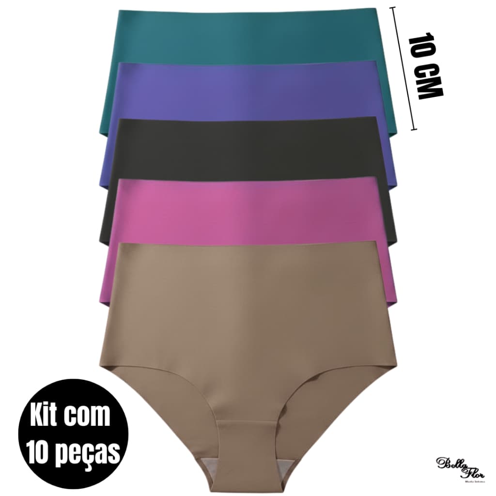 KIT COM 10 Calcinhas Cós Alto Sem Costura CORTE A LASER Conforto Não Marca Forro Algodão