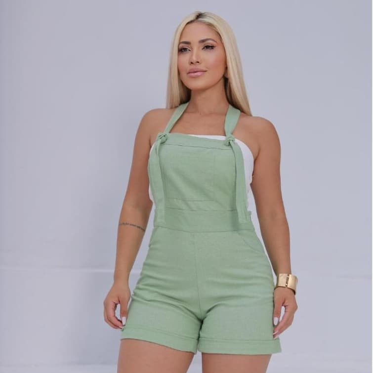 Jardineira Macaquinho Feminina MARIA tecido Linho Premium com bolsos e ziper lateral