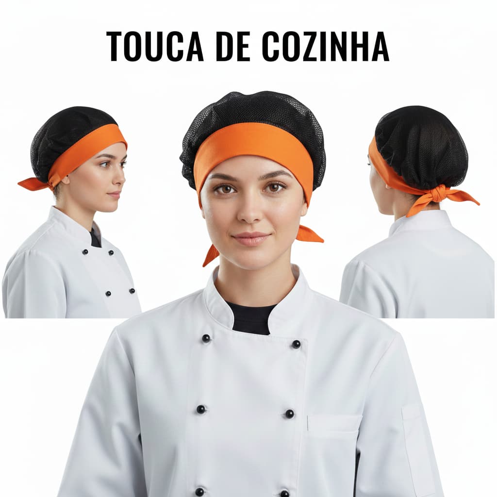 Touca de cozinha  preto com aba de malha laranja PV uso profissional