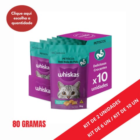 WHISKAS TEMPTATIONS ANTI BOLA DE PÊLO GATO 80G KIT 02/06/10 UND