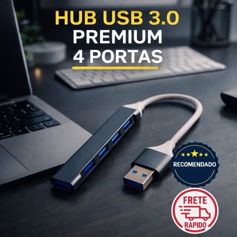 Hub USB 3.0 4 Portas Alta Velocidade Super Rápido para PC, Notebook, Smart TV e Periféricos