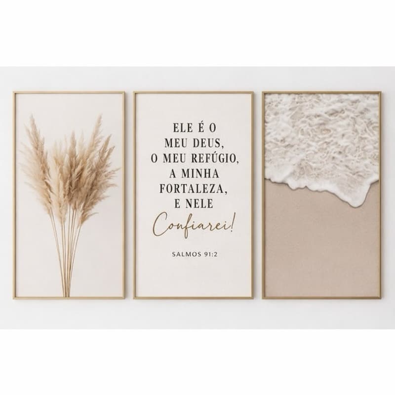 Quadro Decorativo Kit 3 Peças Frase Bíblica Ele É O Meu Deus, O Meu Refúgio A Minha Fortaleza