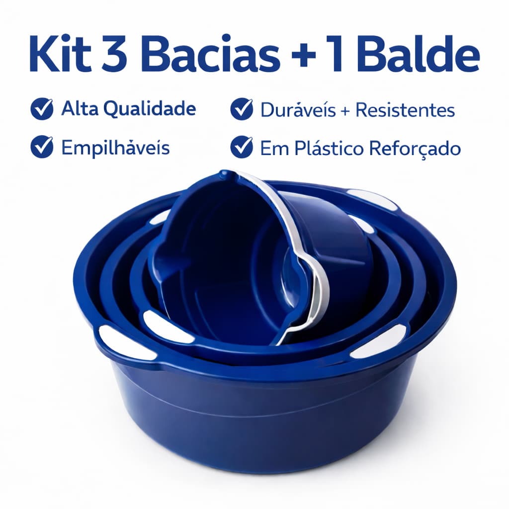 Kit 3 Bacias + 1 Balde Plástico Reforçado Empilhável Multiuso Alta Resistência