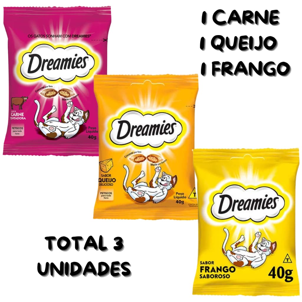 DREAMIES 40G PETISCO PARA GATO  1 CARNE, 1 FRANGO E 1 QUEIJO KIT 3 UN