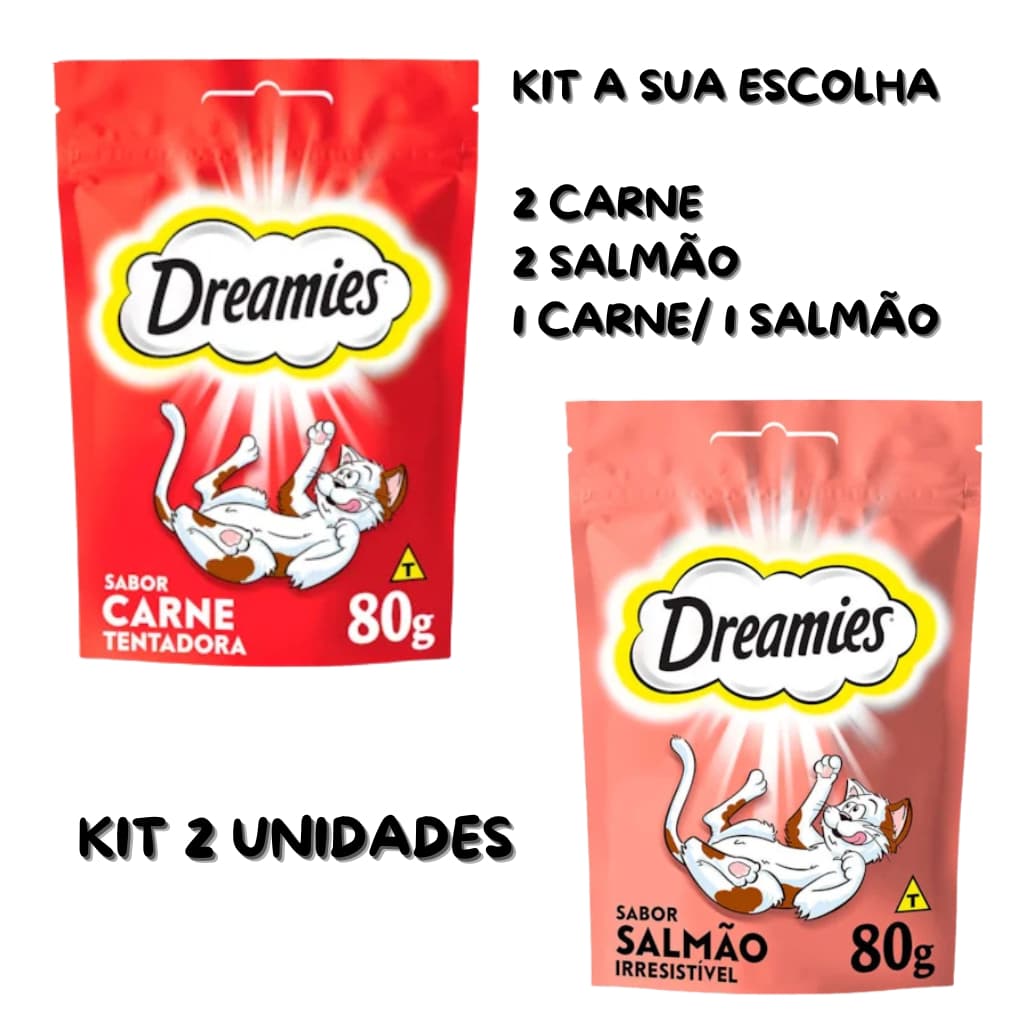 DREAMIES 80G PETISCOS SABORES CARNE/SALMÃO OU MIX DE SABORES KIT 2 UN