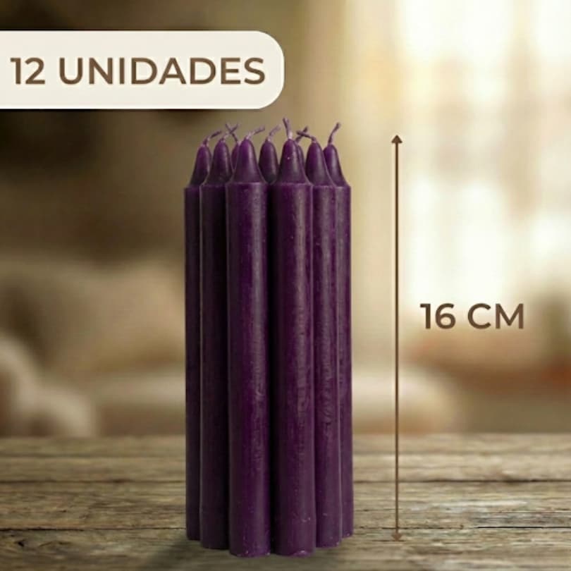 Velas Palito Roxa 12 unidades de 16x1,5cm 28g | Atacado e Revenda | Decoração