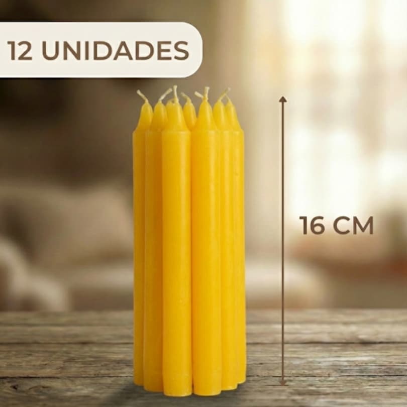Velas Palito Amarela 12 unidades de 16x1,5cm 28g | Atacado e Revenda | Decoração