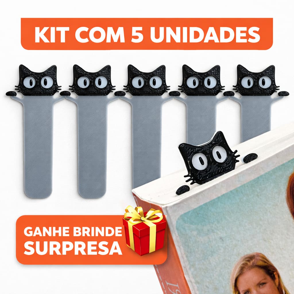 Kit 5 Marcador de Página Gatinho - bookmarks - Marcador de Página - Livro + Brinde Surpresa