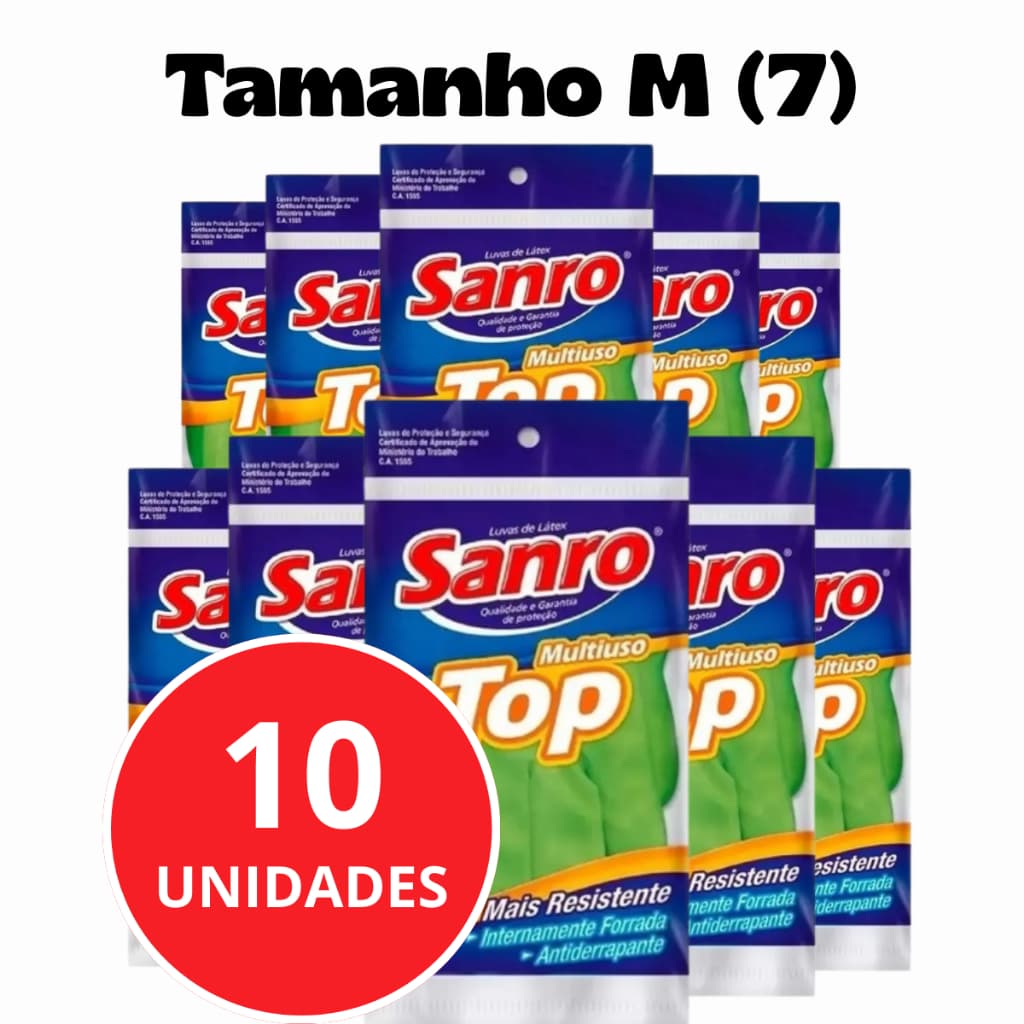 Kit 10 Luvas Latex Limpeza Multiuso Sanro Top Verde Tamanho M (7)