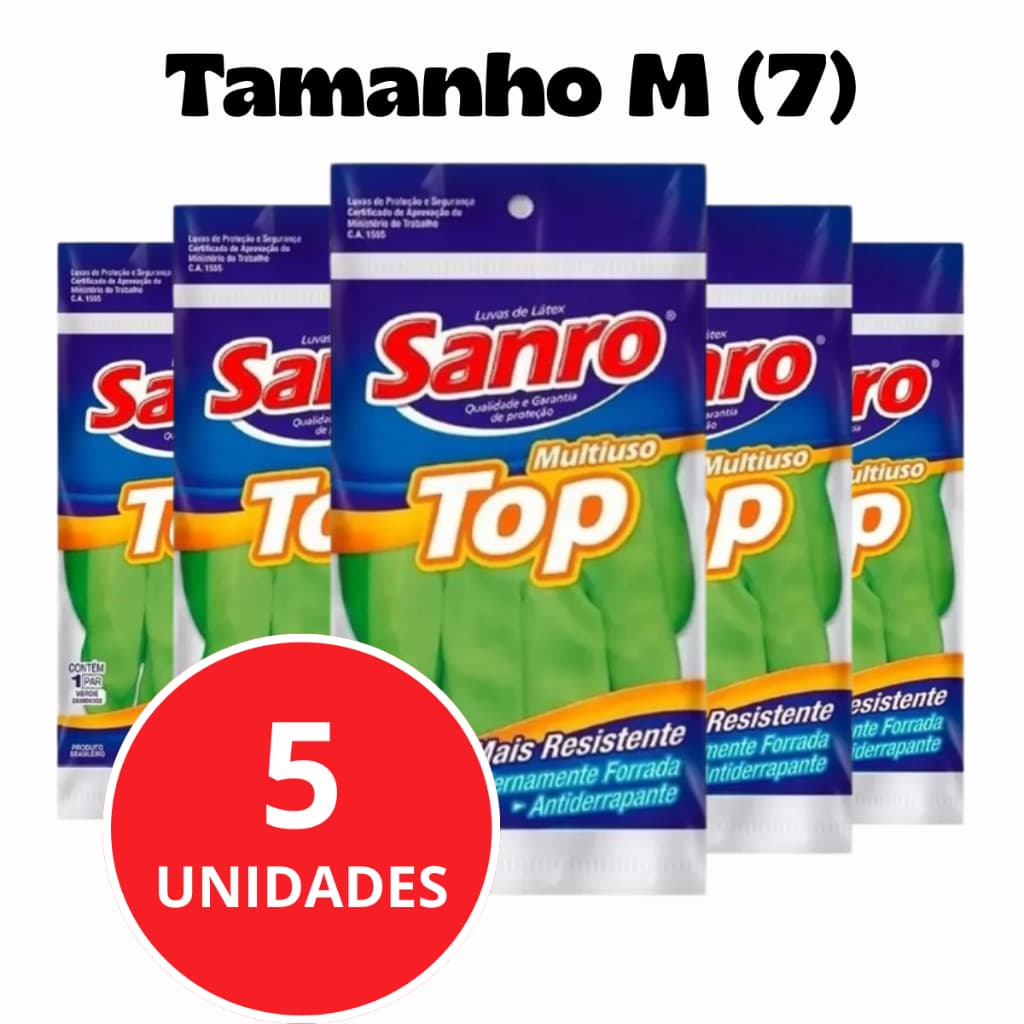 Kit 5 Luvas Latex Limpeza Multiuso Sanro Top Verde Tamanho M (7)