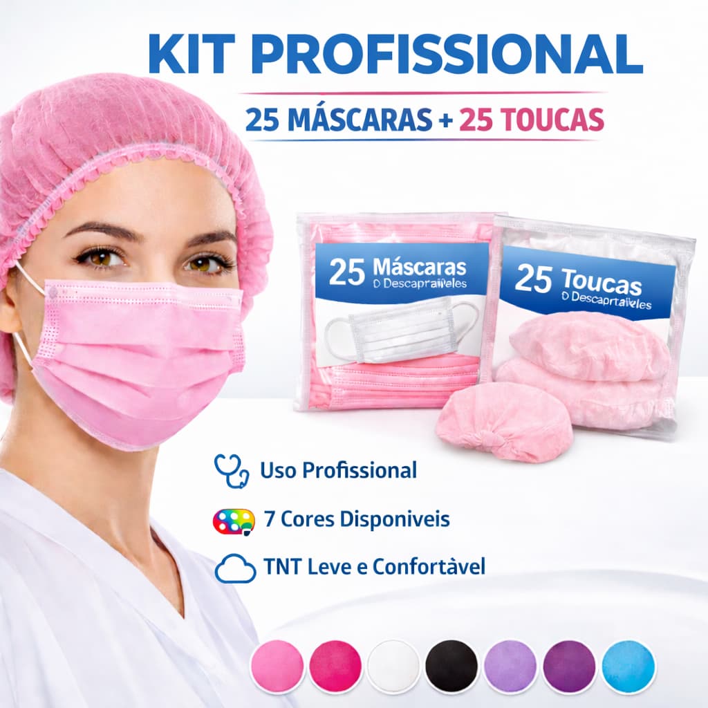 Kit PROFISSIONAL  -25 MASCARAS  +25 TOUCAS Descartáveis p/ Proteção Facial Salão, Clínica & Cozinha