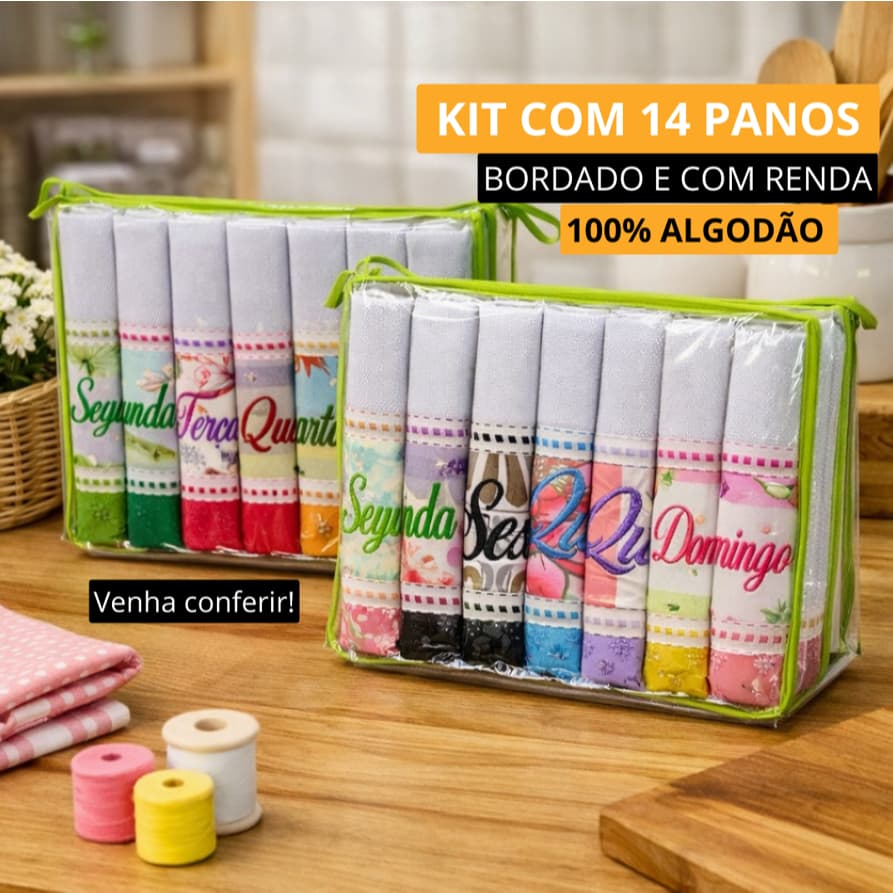 Kit 14 Panos De Prato Semaninha Bordado Com Aplique 44x75cm Cozinha