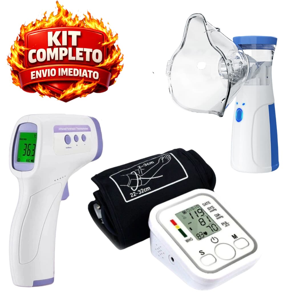 Kit 3 em 1 Nebulizador Portátil USB + Aparelho de Pressão com Voz + Termômetro Digital USB Recarregável - Completo