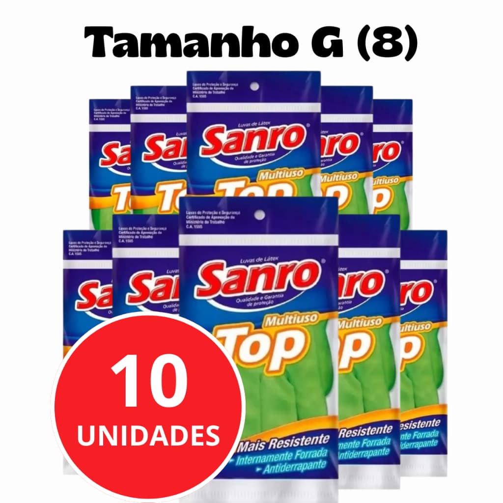 Kit 10 Luvas Latex Limpeza Multiuso Sanro Top Verde Tamanho G (8)