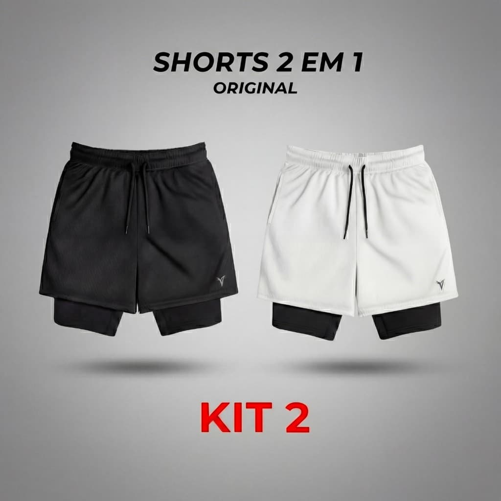 KIT 2 Shorts 2 em 1 DryFit VLS Original Elastano Academia Esporte Treino Masculino