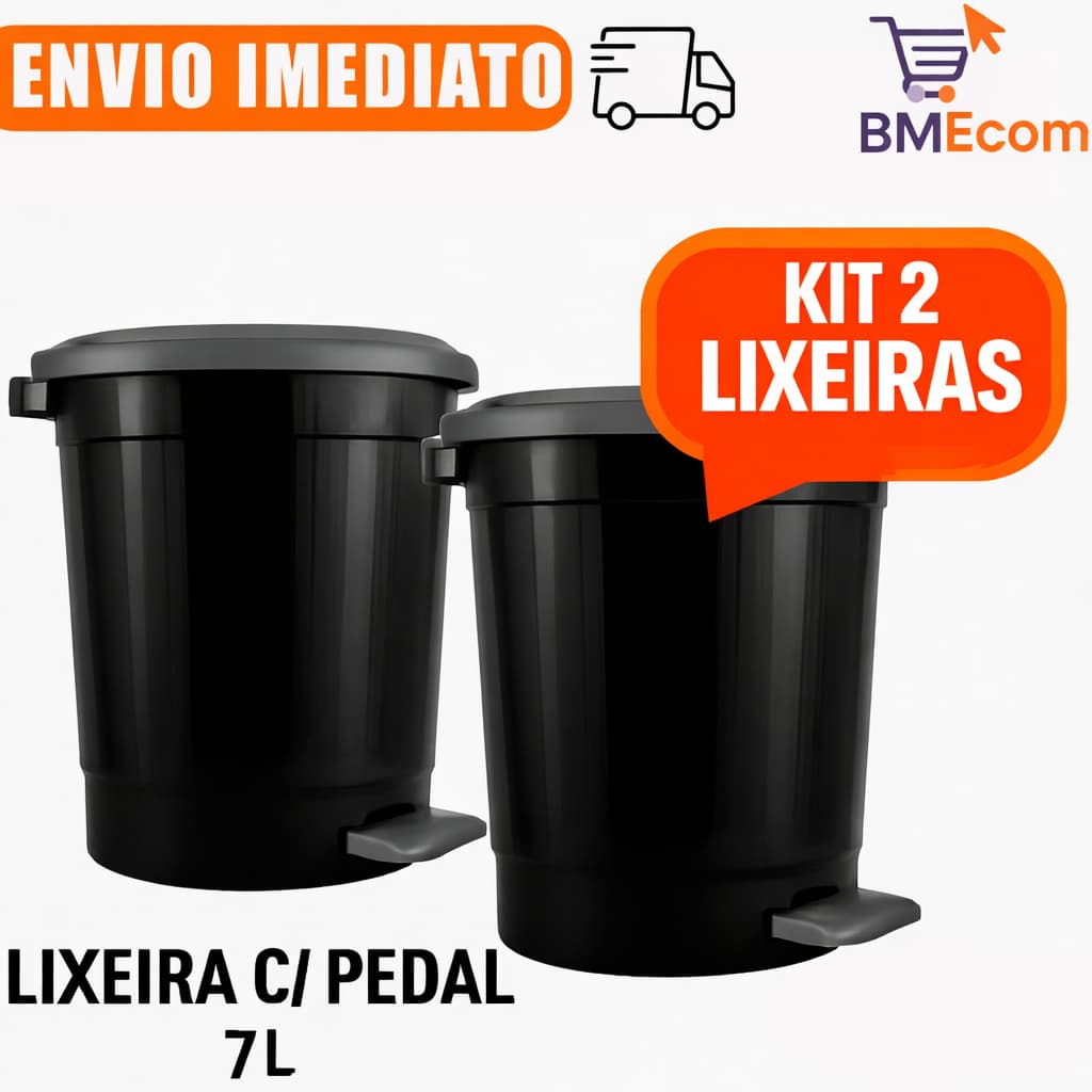 Kit 2 Lixeiras Redondas Com Pedal 7l Litros Preta Cozinha Banheiro Lavanderia