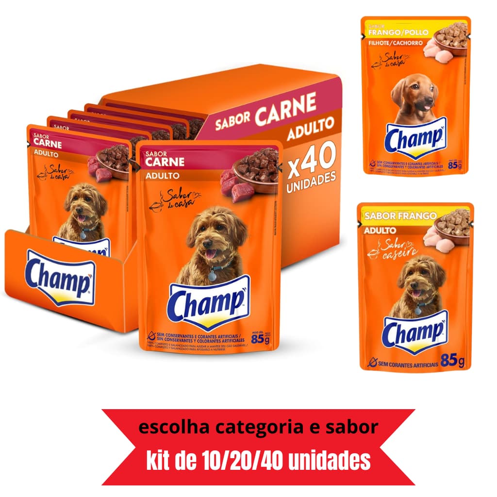 CHAMP SACHÊ PARA DOG IRRESISTÍVEL 85G (ESCOLHA CATEGORIA E SABOR) KIT 10/20/40 UN