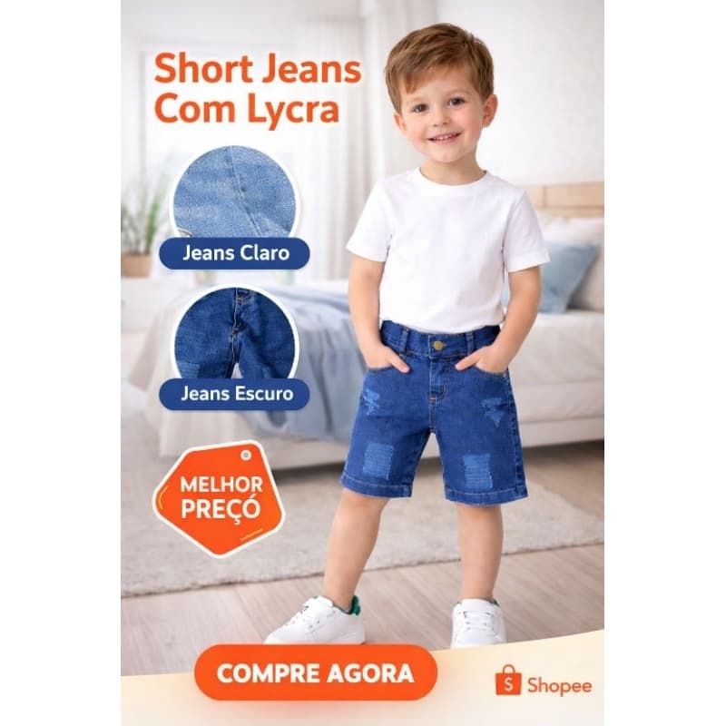 Short Jeans Infantil com Lycra – Confortável, Flexível, Menino | Claro e Escuro