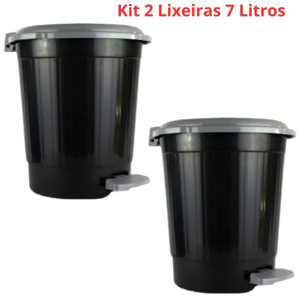 Kit 2 Lixeiras Redondas Com Pedal 7l Litros Preta Cozinha Banheiro Lavanderia