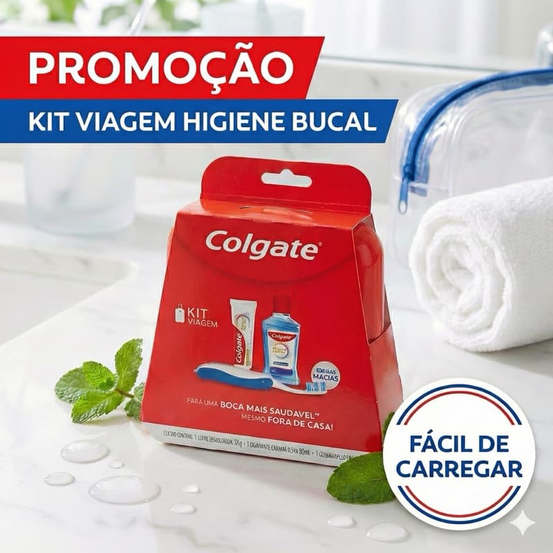 Kit Viagem Higiene Bucal Colgate Portátil c/ Estojo Necessaire + Pasta + Escova + Enxaguante