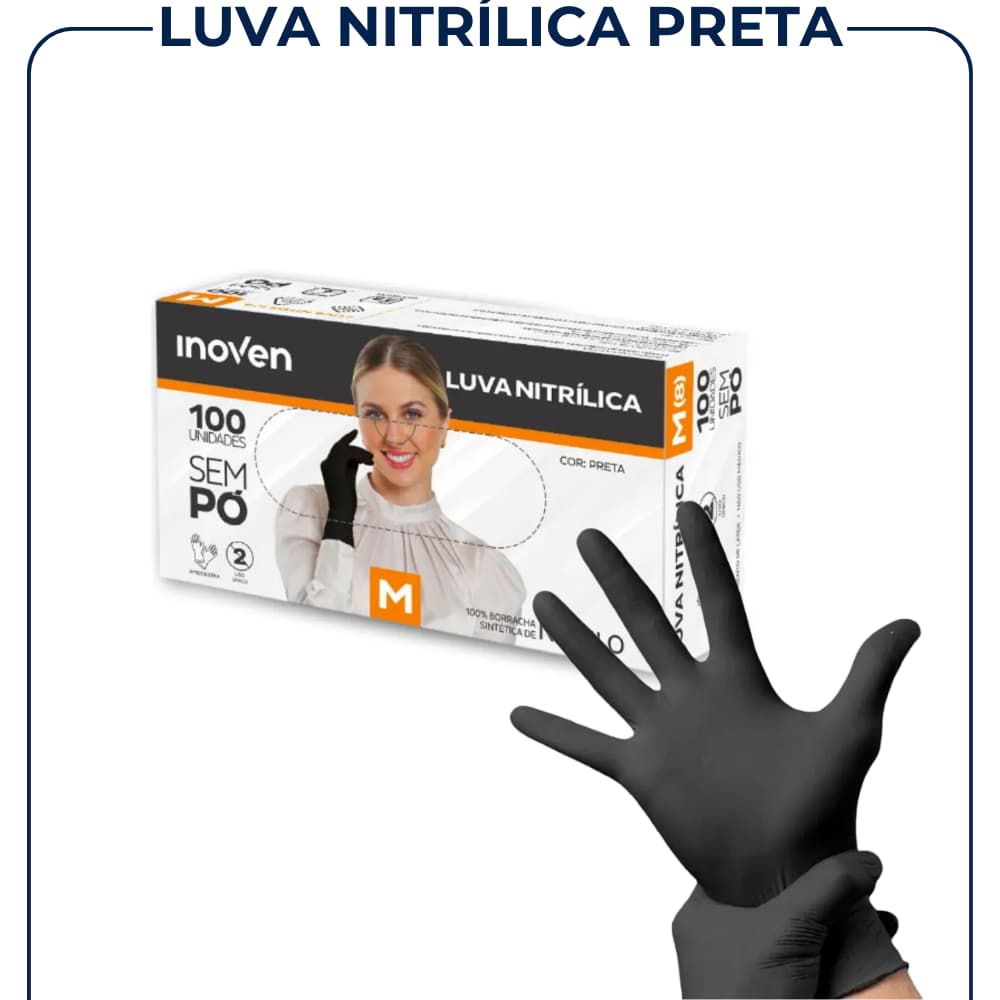 Luva Nitrilica Preta Descartavel Sem Po Resistente Inoven 100 Unidades
