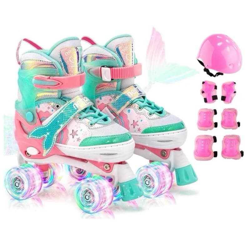 Patins Infantil Sereia Rosa 4 Rodas Regulável com luz de LED Com e Sem Kit de Segurança