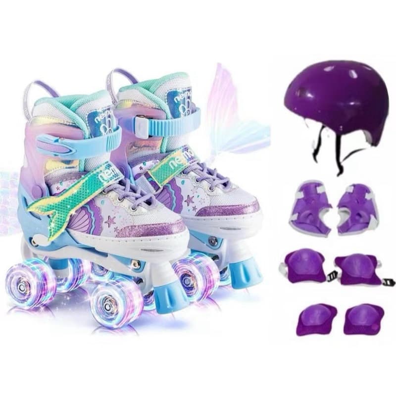 Patins Infantil Sereia Roxo 4 Rodas Regulável com luz de LED Com e Sem Kit de Segurança