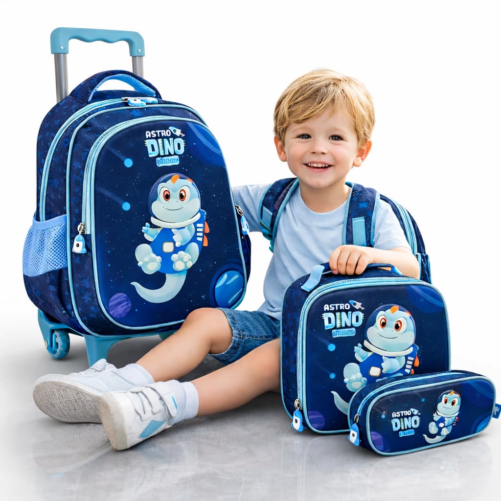 Kit Mochila Infantil Dinossauro Astro Dino Lancheira Estojo Escolar Astronauta Criança Completo Top!