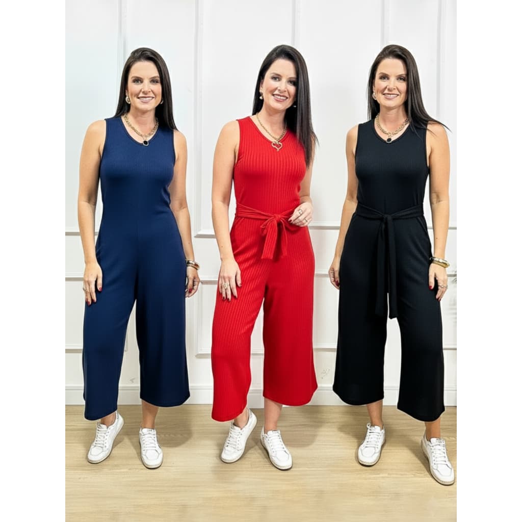 Macacão Pantacourt Canelado Feminino, Sem Manga, com Amarração na Cintura – Veste Gestante e Plus