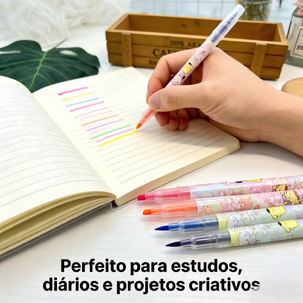 Kit com 6 Canetas Marca Texto Duas Pontas Fina e Grossa Cores Brilhantes para Estudantes