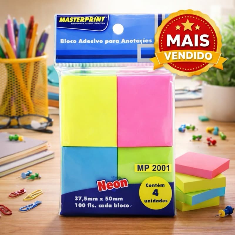 Bloco Adesivo Neon Masterprint 4 Cores – para Anotações | Mais Vendido