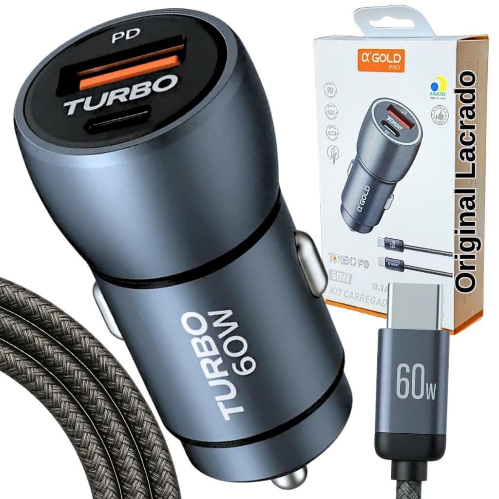 Carregador Veicular Turbo 60W USB-C PD + QC 4.0 Carregador Rápido USB Carro Universal