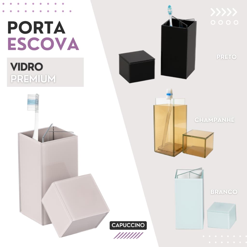 Porta Escova de Dente Organizador Premium Tampa Vidro Banheiro Decoraçao Higiene Lavabo Pia Bancada
