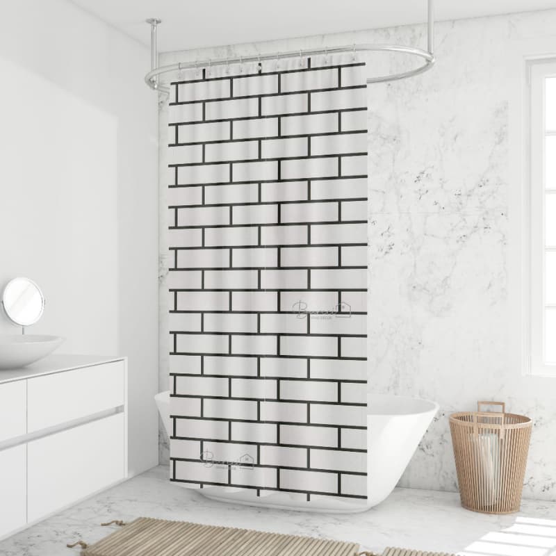 Cortina Para Box Banheiro Poliéster Geométrica 198x180cm Cor Preto Tijolos