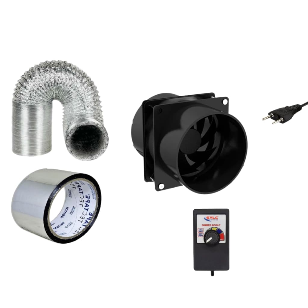 Kit Exaustor Axial Com Dimmer + Duto Flexivel 1 Metro + Fita aluminizada Coifa Grow Cultivo Indoor