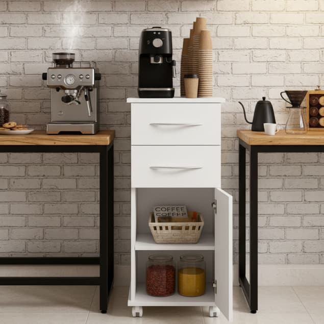 Armário Multiuso Com Gavetas e Porta Branco Com Rodízios