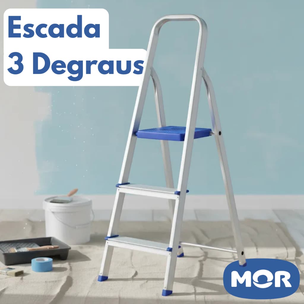 Escada De Alumínio Doméstica 3 Degraus Reforçada Resistente Mor Suporta 120Kg Altura De 112cm