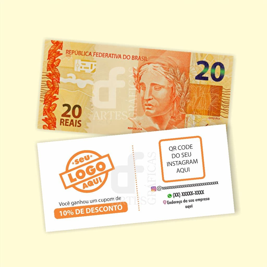 Panfleto Dinheiro Vale Desconto Nota de 20, 5, 10, 50, 100 Personalizado