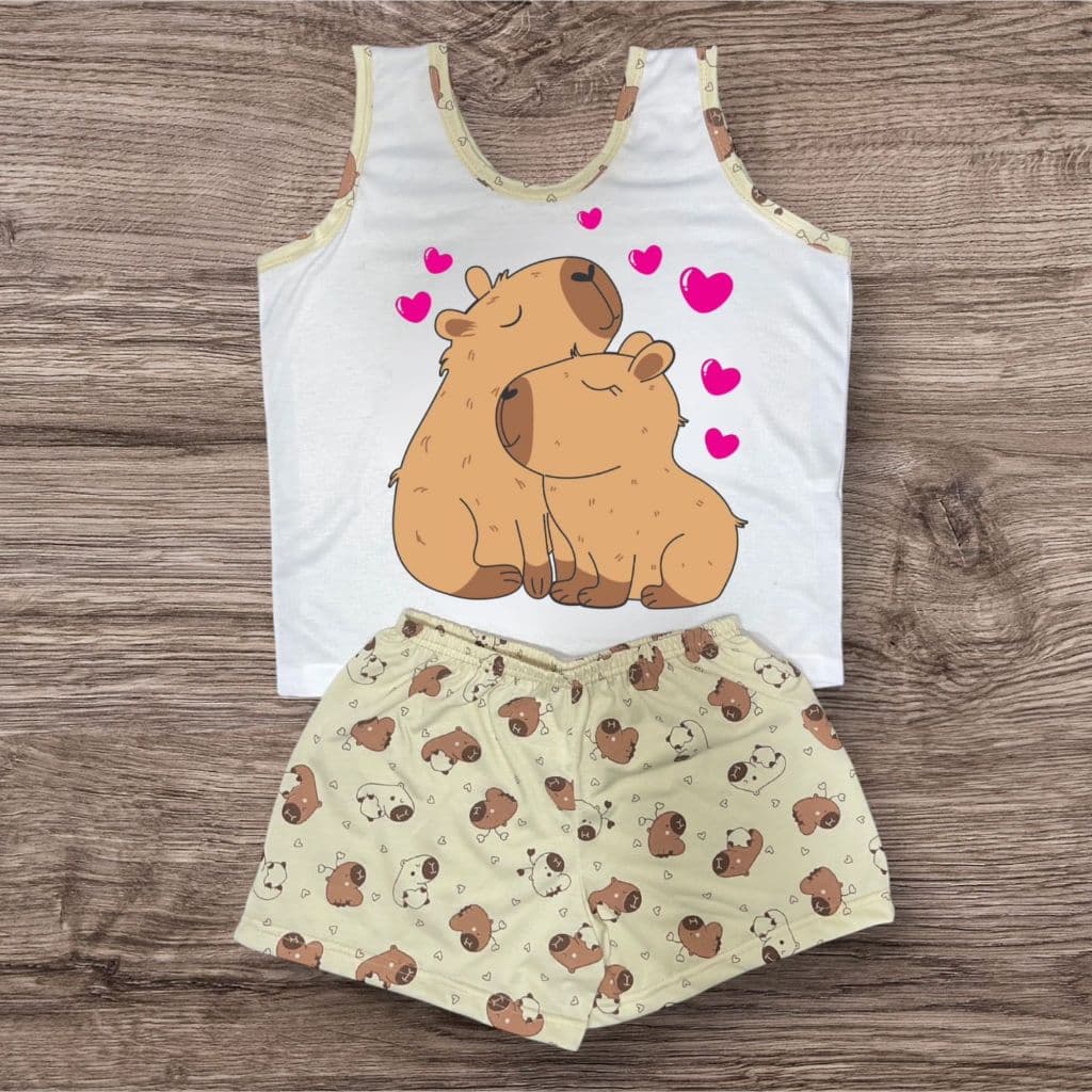 Pijama short doll camiseta infantil feminino malha baby doll capivara areia