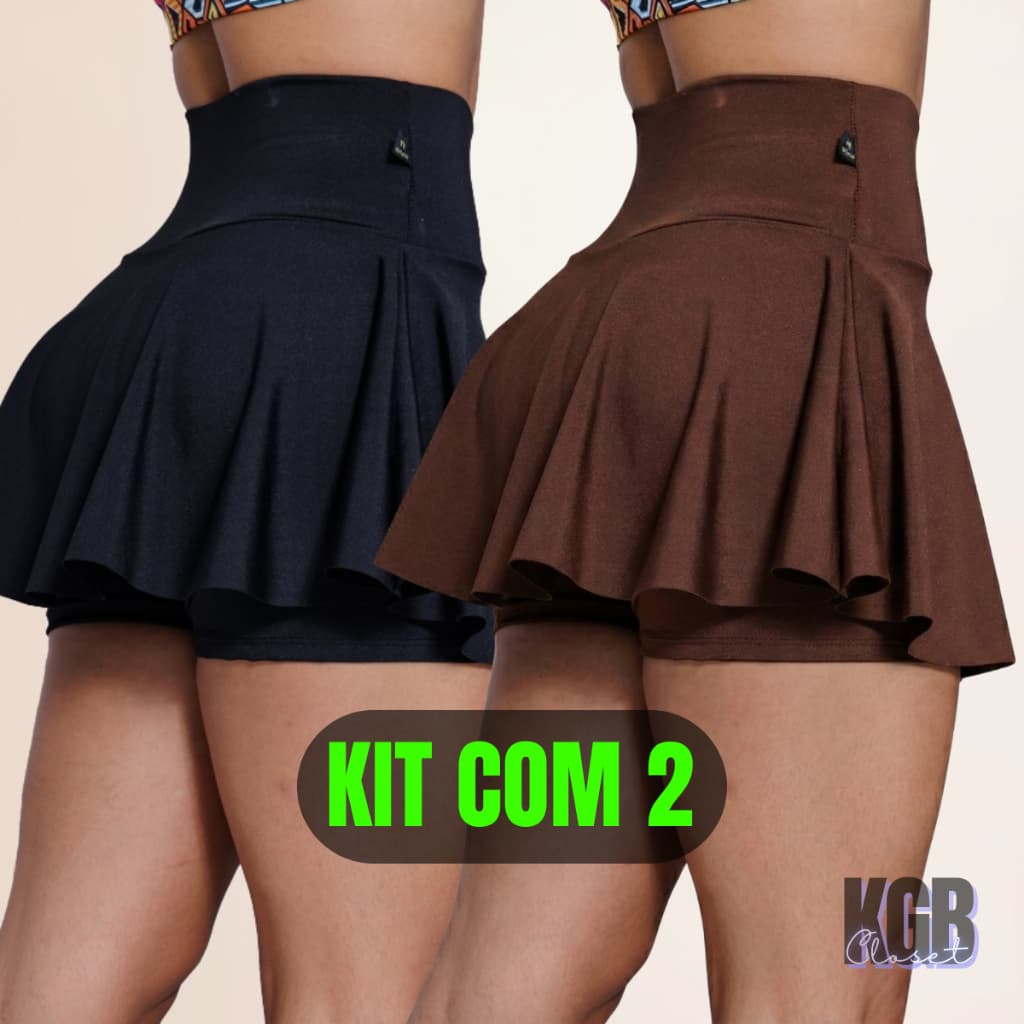 KIT Short Saia Academia Fitness Cintura Alta tapa Bumbum Bailarina Rodado Suplex Premium