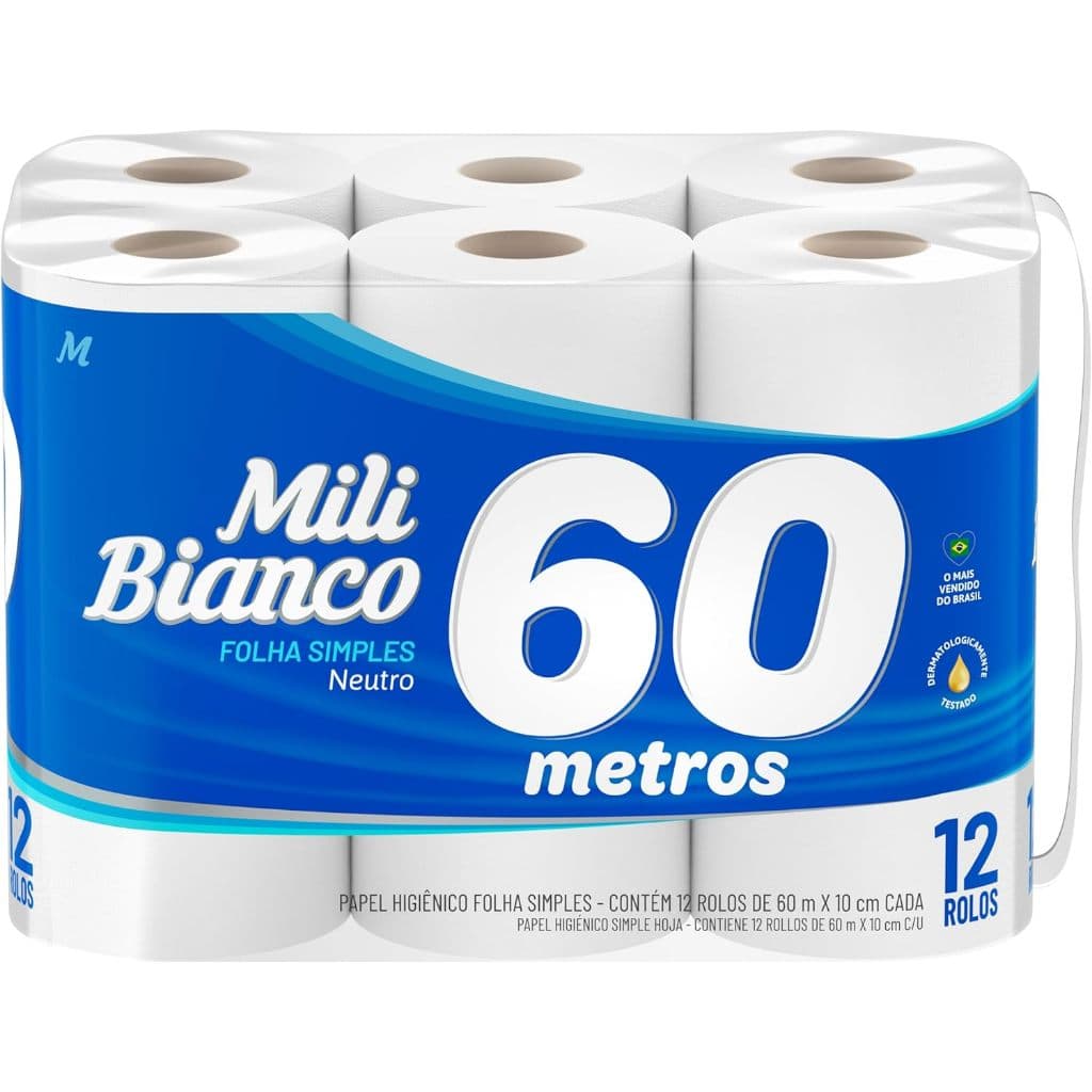 Papel Higiênico Mili Bianco Folha Simples - 12 Rolos de 60 Metros