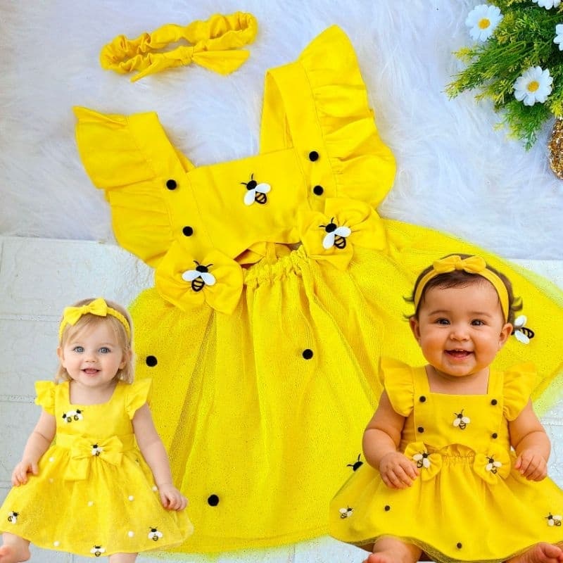 Vestido Infantil c/ Tule e Brilho Body Romper Bebê Luxo Menina Abelha Mini Abelhinha Regulável Fantasia ( 1 a 2 anos)