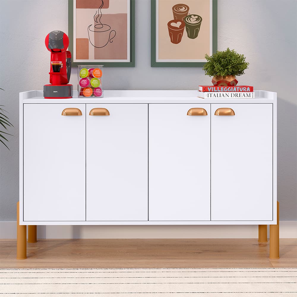 Aparador Buffet Sala de Jantar 4 Portas com 2 Prateleiras Internas e Puxadores Concha Pés PVC Chicago