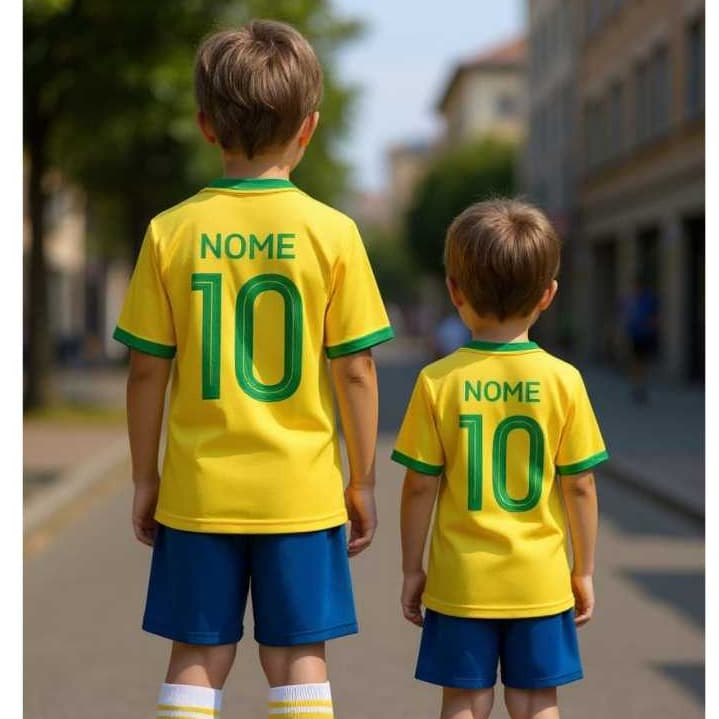 Conjunto Juvenil Infantil Unissex Camiseta e Shorts Brasil Personalizado Nome Brasil Amarelo