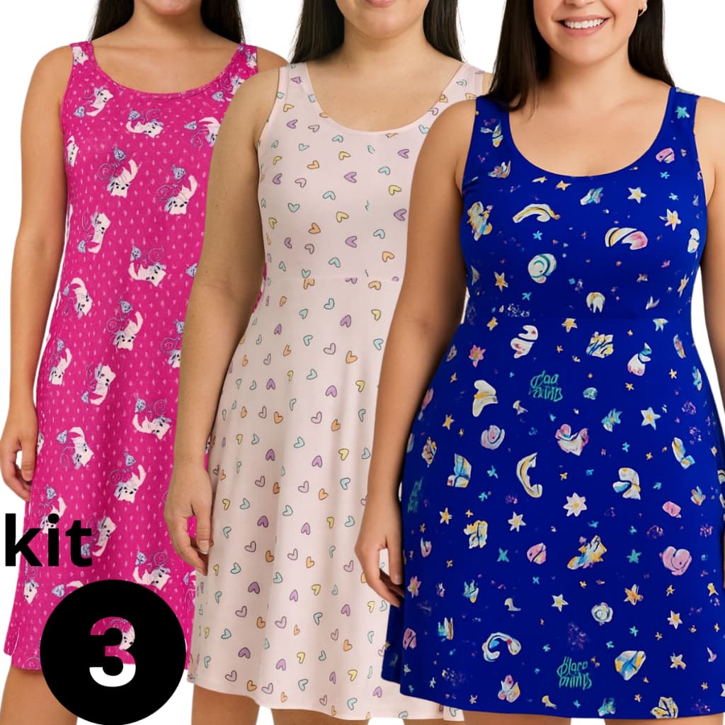 Kit 3 Camisola Regata Grande Senhora Vestido Pijama Verão Roupa de Dormir Dia a Dia Plus Size Gestante Conforto