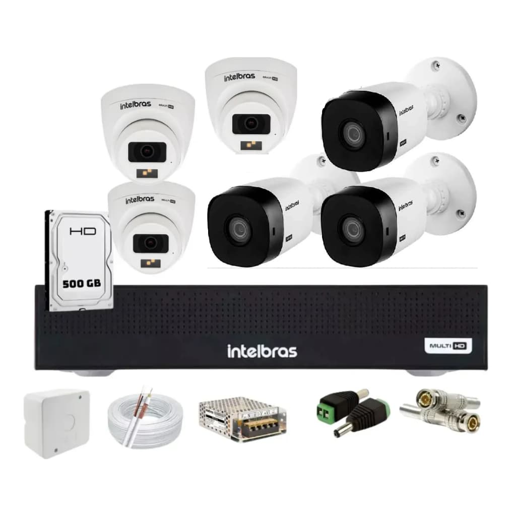 Kit 6 Cameras Intelbras 3 Vhl 1220  e 3 Vhd 3320+ Full Color, Dvr 8 Canais 1108-c Bullet X Dome