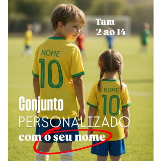 Kit 2 Peças Camiseta e Shorts Brasil Infantil Conjunto Personalizado Nome Amarelo