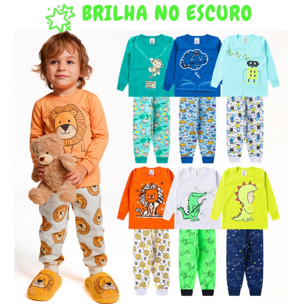 Kit 4 Peças Pijama Brilha no Escuro Sortido Infantil Menino Inverno Roupa Infantil Masculina