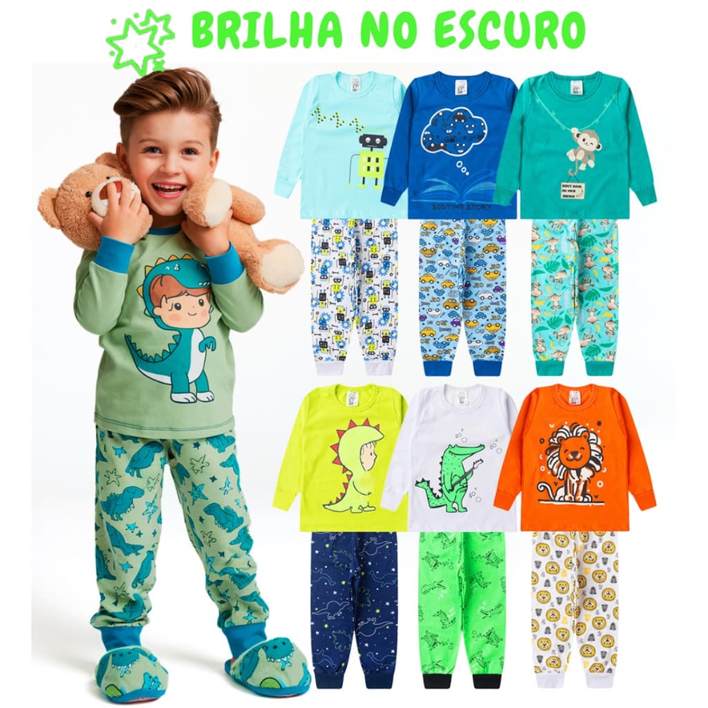 Kit 8 Peças Pijama Brilha no Escuro Infantil Menino Inverno Roupa Infantil Masculina