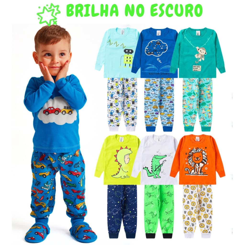 Kit 6 Peças Pijama Brilha no Escuro Sortido Infantil Menino Inverno Roupa Infantil Masculina